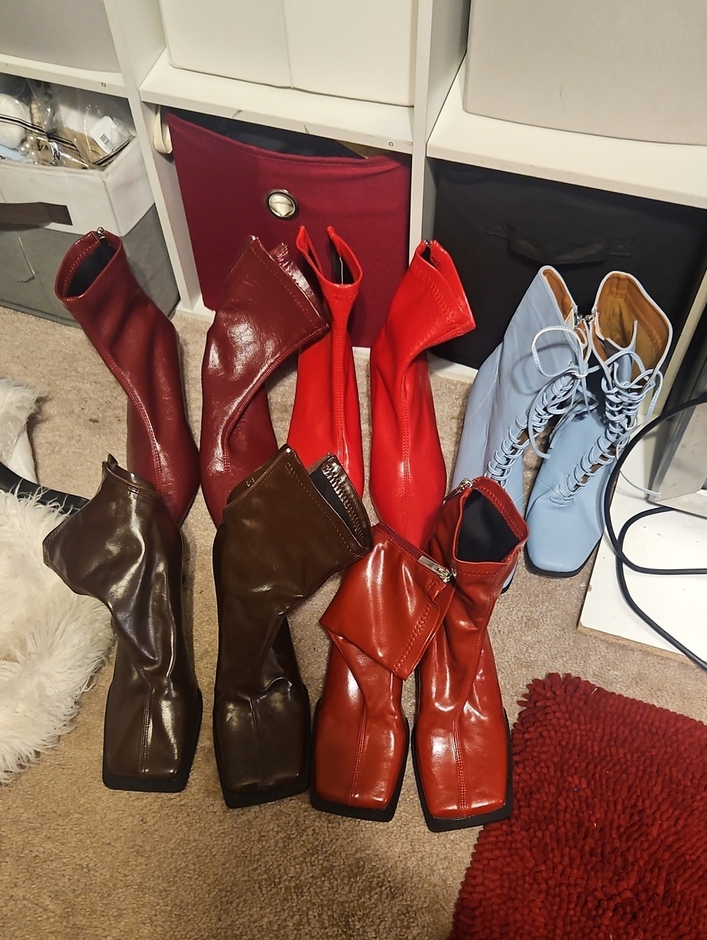 Women’s Leather Square-Toe Mid-Calf Boots in Red, Brown, Blue